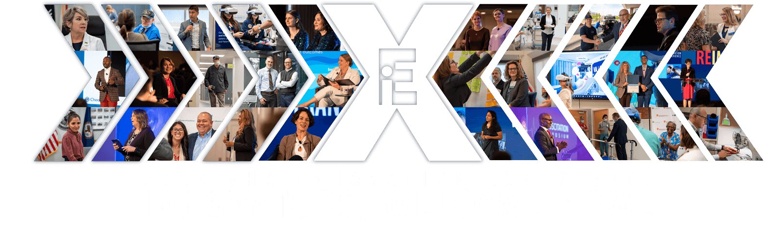 2023 Innovation Experience Logo. Large X in center with photos of innovators off to the left and right.